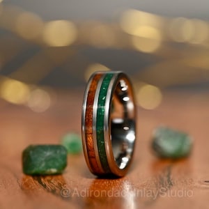 6mm Emerald band, Emerald green ring gemstone mens band wood wedding band wood anniversary gift for him wood engagement band womans band