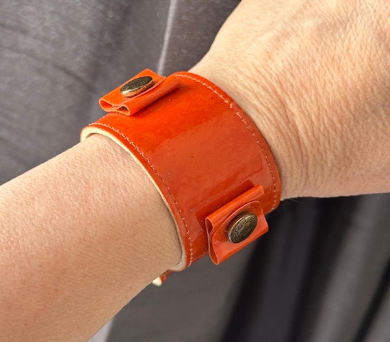 Vintage orange patent faux leather cuff / watch b… - image 6