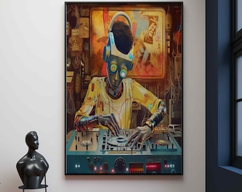 Retro Futurist Robot DJ. Digital Art. Wall Art. Inspired by Picasso & Basquiat. High Quality. Hyper Realistic. #ArtfulInteriors