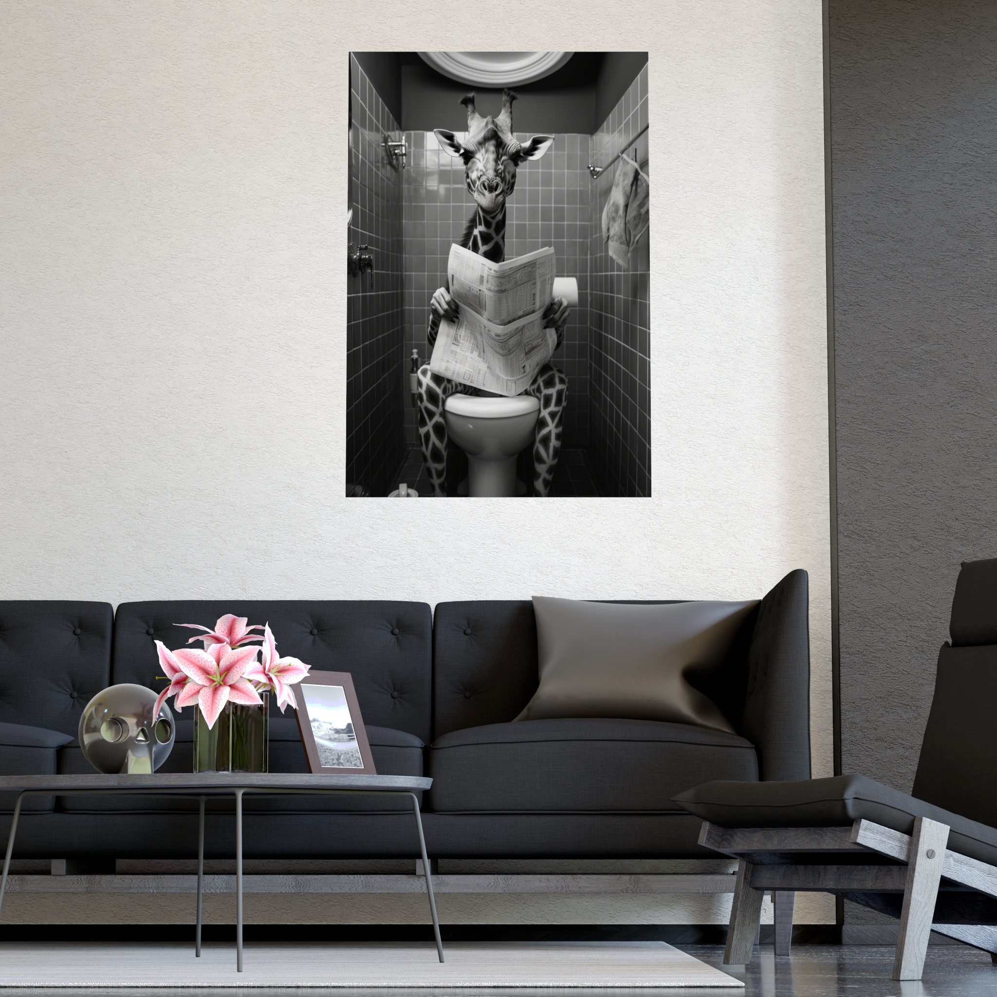 Whimsical Happy Giraffe Toilet Art Print Playful Black and White