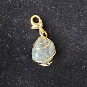 May include: A gold-colored charm with a clear, grey stone wrapped in gold wire. The charm has a gold lobster clasp.