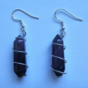 Silver Plated Wire Wrapped Deep Purple Amethyst Point Earrings With 925 Sterling Silver Clasp