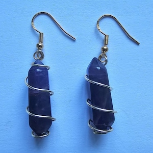 Gold Plated Wire Wrapped Deep Purple Amethyst Point Earrings With Gold Plated 925 Sterling Silver Clasp