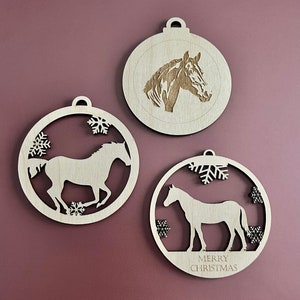 Wooden Christmas balls with horse theme. Set of 3.