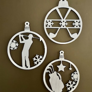 Boules de Noël en bois sur le thème du golf. Lot de 3.