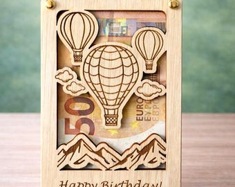 Geldkado Luchtballon , gepersonaliseerd geld cadeau ballon, hete luchtballon, geld cadeau, ballonvaren ,verjaardagskaart ballonvaren