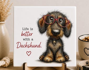Azulejo de cerâmica com estampa de Dachshund e frase, presente para amantes de Dachshund, azulejo de cerâmica, presente para fãs de Dachshund, ideal para amantes de cães, inclui suporte de madeira.
