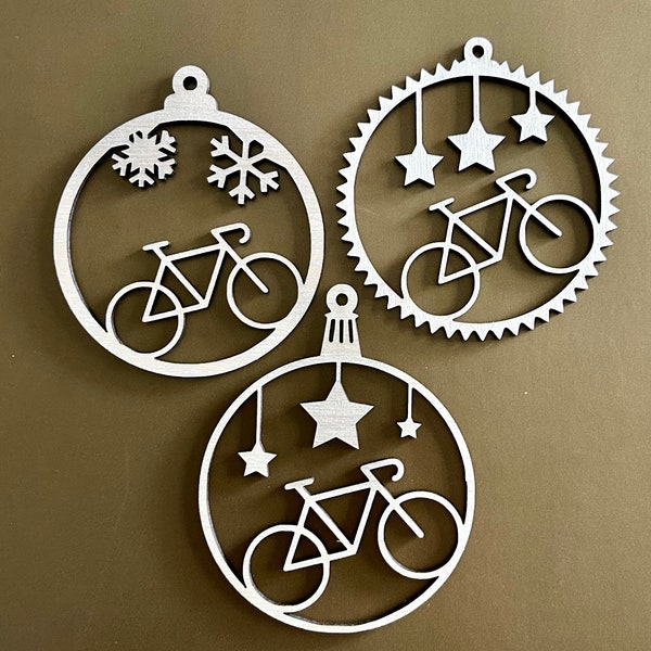 Christmas baubles with bicycle made of wood. Set of 3.