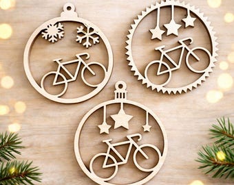 Enfeites de Natal de madeira com bicicletas. Conjunto de 3.