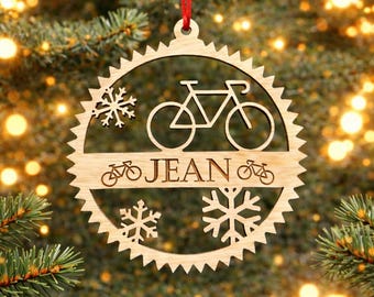 Bola de Natal personalizada com bicicleta e nome feita em madeira, presente de Natal personalizado para atleta, presente de ciclismo com nome