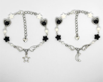 Matching “Celestial” Star Moon Charm Bracelets: Punk Gothic Friendship Set
