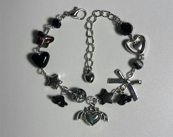 Gothic Heart Charm Bracelet: Handmade Silver Black Egirl Punk Jewelry