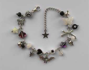 Gothic Bat Charm Bracelet: Handmade Silver & Black Emo Jewelry