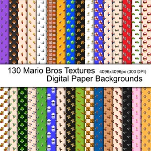 Può includere: Una collezione di 130 sfondi digitali con motivi e personaggi della serie di videogiochi Mario Bros. L'immagine include il testo "130 Mario Bros Textures Digital Paper Backgrounds".