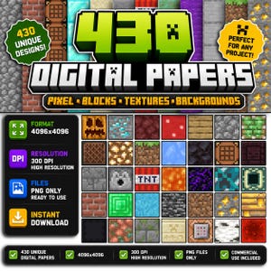 May include: A collection of 430 digital papers featuring pixelated block textures and backgrounds. The image displays various square patterns including brick, TNT, grass, stone, and ore. Text includes 430 UNIQUE DESIGNS, DIGITAL PAPERS, PIXEL-BLOCKS-TEXTURES-BACKGROUNDS, FORMAT 4096x4096, and 300 DPI.