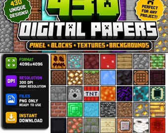 Pacote com 430 papéis digitais de Minecraft, fundos pixelados, texturas para jogos, papel para scrapbook imprimível, pacote PNG para decoração de festas