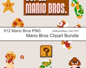 912 Mario Bros Clipart Bundle, png, pixels, cliparts, videogame, designs de papel, texturas