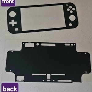 May include: Black vinyl skin set for a handheld gaming console, featuring front and back pieces. The front piece has cutouts for buttons and a screen, while the back piece has various port openings. The word "front" is in a purple box, and the word "back" is in a purple box.