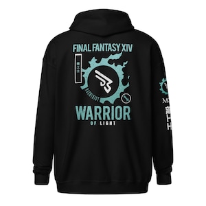 May include: Black hoodie featuring a teal and white graphic design. The design includes the text "FINAL FANTASY XIV", "MACHINIST", and "WARRIOR OF LIGHT". A gear and sword are also included in the design.