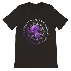 May include: Black t-shirt with a purple graphic design. The graphic features a stylised shield with a constellation inside, surrounded by a circular design with the text "Keeper of the Aetherial Realm The Seat of Emet-Selch".