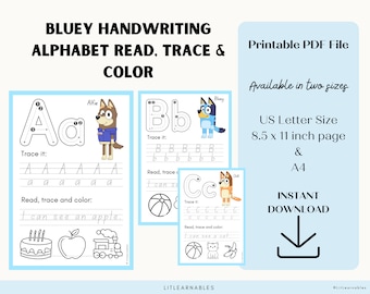 Bluey Handwriting Alphabet Read Trace and Color Prep for school