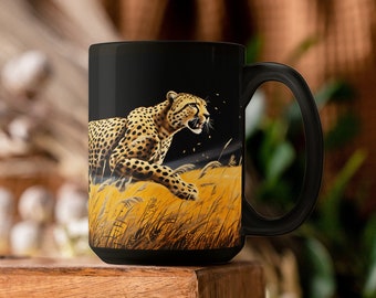Taza de café con estampado de guepardo: regalo de cerámica negra para amantes de los gatos, 325 ml