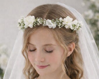 Couronne de première communion avec voile, couronne de fleurs blanches pour fille, accessoire de cheveux de communion, casque floral