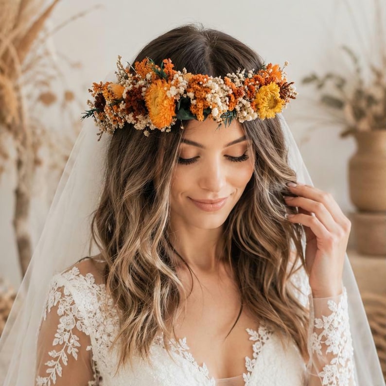 a 70's style wedding head dress
