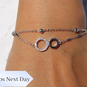 925 Sterling Silver Layered Bracelet- Two rings-CZ diamond bracelts-Unique Bracelets-Adjustable- Handmade Jewelry - Graduation Gift- For Her