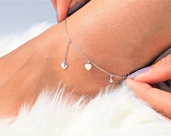 Sterling Silver Heart Charm Anklet - Adjustable Summer Jewelry