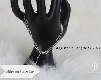 White Gold Plated Sterling Silver Paper Clip Bracelet - Adjustable