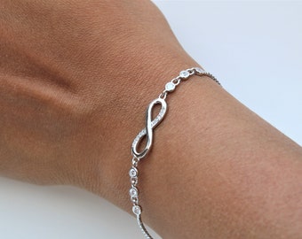 Sterling silver infinity bracelet with white zirconia diamonds adjustable length sterling silver box chain dainty bracelet unique gift