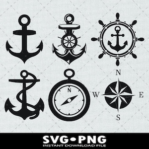 Peut inclure: Ensemble de six téléchargements numériques SVG et PNG sur le thème nautique en noir et blanc. L'ensemble comprend une ancre, une boussole, un gouvernail de navire et une rose des vents.