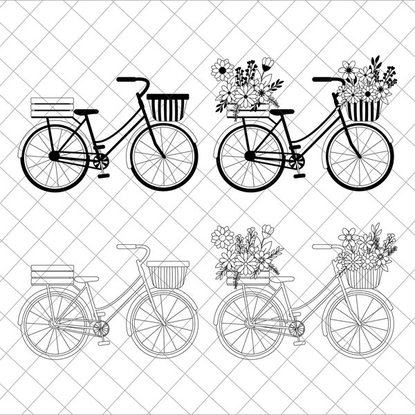 Bicycle Svg, Vintage Bicycle With Flower Basket, Wildflower Floral Antique Bicycle Outline Svg , Bicycle Png, Instant Download