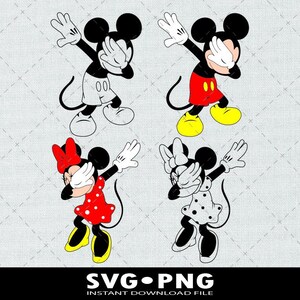 May include: Four digital illustrations of Mickey Mouse and Minnie Mouse in the "dab" pose. Mickey Mouse is wearing red shorts and Minnie Mouse is wearing a red dress with white polka dots.  Minnie Mouse is also wearing a white dress with black polka dots.