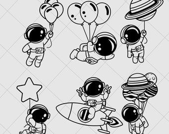 Niedliches Astronauten-Svg, Kid Astronaut Weltraumrakete-Svg, Ballon-Raumfahrer-Clipart-Png, Planet-Ballon-Astro-Svg, transparente Astronauten-Png-Datei