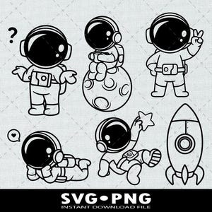Lindo astronauta SVG, niño astronauta cohete espacial SVG, astronauta lunar Clipart PNG, archivo de astronauta negro transparente PNG