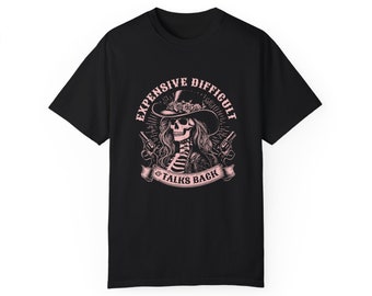 Skeleton Cowgirl Grafik-T-Shirt, teure schwierige Gespräche zurück, sarkastisches T-Shirt