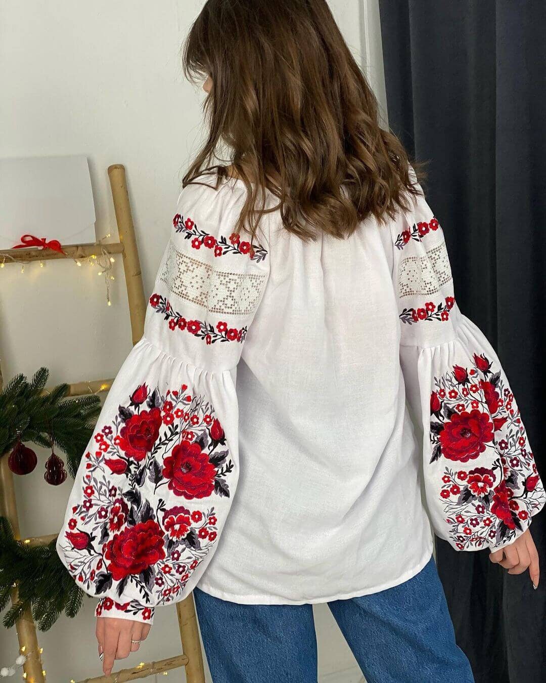 Embroidered Women's Shirt Red Flowers/ Linen Blouse/ Boho/ - Etsy