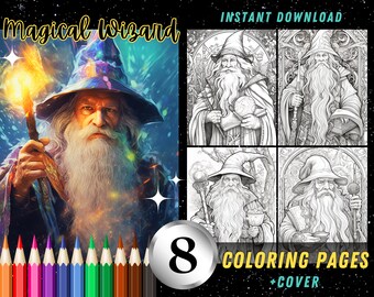 Fantasy Magical Wizards 8 Coloring Sheets, Gorgeous Adult Coloring Pages, Printable Instant Download Grayscale Illustration Coloring Book