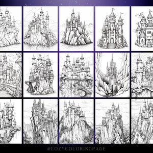 Puede incluir: Una colecci&oacute;n de 12 ilustraciones en blanco y negro de castillos en acantilados. Cada castillo es &uacute;nico y detallado, con torres, ventanas y puertas. Las ilustraciones son perfectas para colorear.