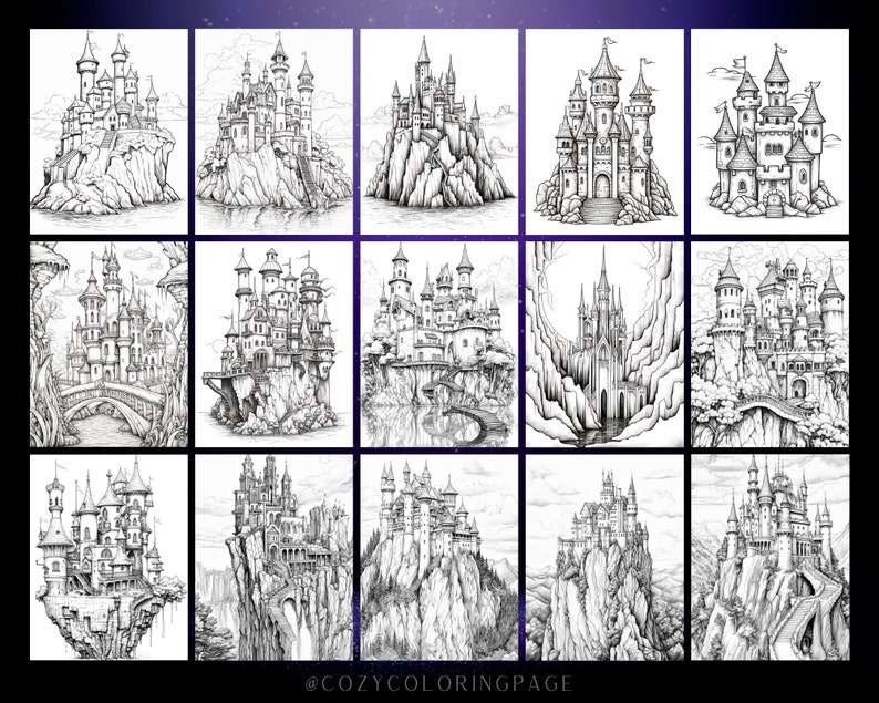 Puede incluir: Una colecci&oacute;n de 12 ilustraciones en blanco y negro de castillos en acantilados. Cada castillo es &uacute;nico y detallado, con torres, ventanas y puertas. Las ilustraciones son perfectas para colorear.