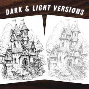 Puede incluir: Dos dibujos en blanco y negro de un castillo detallado de varios niveles con una torre, rodeado de &aacute;rboles. El texto "DARK & LIGHT VERSIONS" est&aacute; en la parte superior de la imagen.