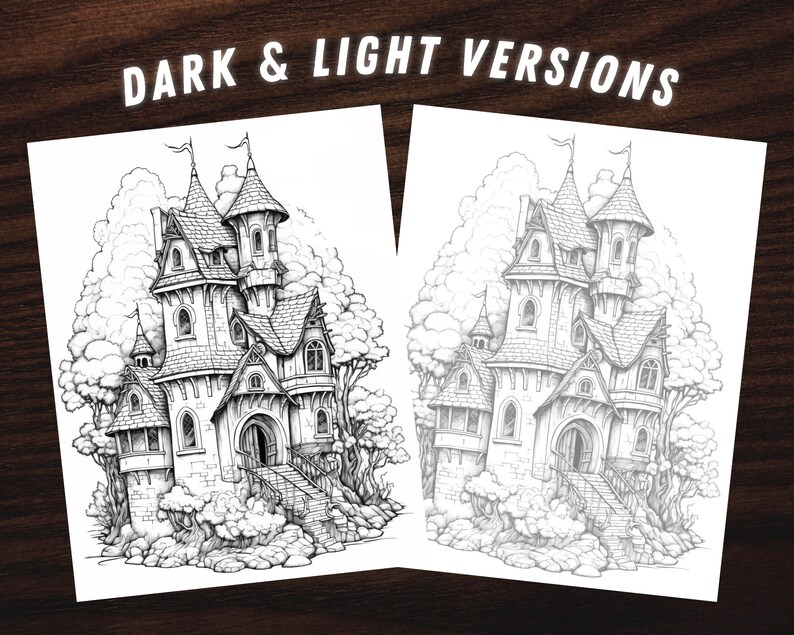 Puede incluir: Dos dibujos en blanco y negro de un castillo detallado de varios niveles con una torre, rodeado de &aacute;rboles. El texto "DARK & LIGHT VERSIONS" est&aacute; en la parte superior de la imagen.