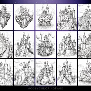 Puede incluir: Una colecci&oacute;n de 18 ilustraciones en blanco y negro de castillos de fantas&iacute;a. Cada castillo es &uacute;nico y presenta detalles intrincados, incluyendo torres, chapiteles y puentes. Los castillos se encuentran en una variedad de fondos, incluyendo monta&ntilde;as, nubes y agua. Las ilustraciones son perfectas para colorear o usar como inspiraci&oacute;n para tus propios proyectos creativos.