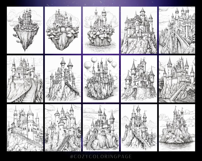 Puede incluir: Una colecci&oacute;n de 18 ilustraciones en blanco y negro de castillos de fantas&iacute;a. Cada castillo es &uacute;nico y presenta detalles intrincados, incluyendo torres, chapiteles y puentes. Los castillos se encuentran en una variedad de fondos, incluyendo monta&ntilde;as, nubes y agua. Las ilustraciones son perfectas para colorear o usar como inspiraci&oacute;n para tus propios proyectos creativos.