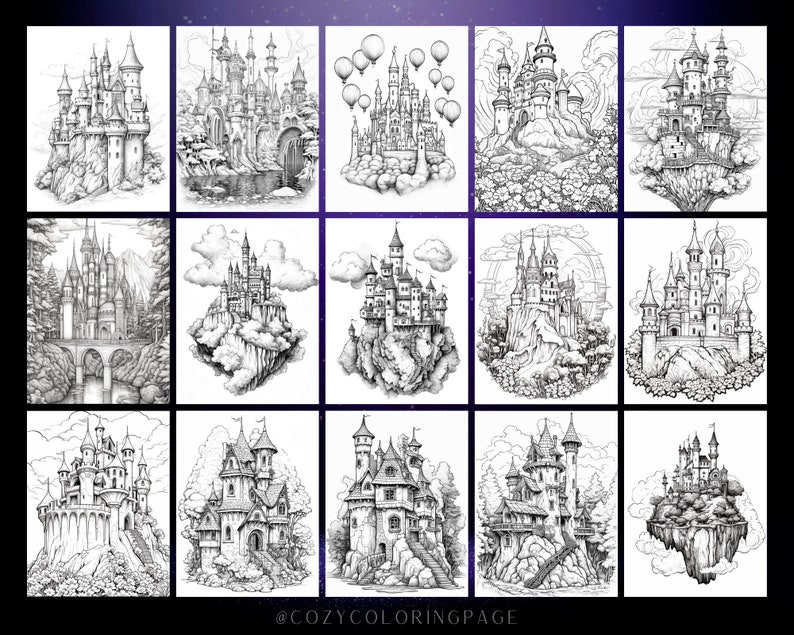 Puede incluir: Una colecci&oacute;n de 16 ilustraciones en blanco y negro de castillos. Cada castillo es &uacute;nico y presenta detalles intrincados. Los castillos est&aacute;n dibujados en un estilo caprichoso y ser&iacute;an perfectos para colorear.