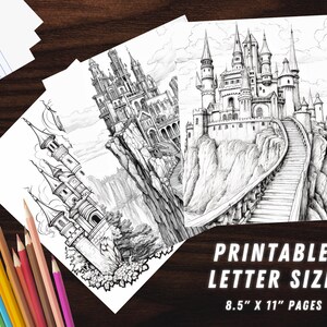Puede incluir: Tres p&aacute;ginas para colorear imprimibles con ilustraciones detalladas en blanco y negro de castillos de fantas&iacute;a en acantilados. Cada p&aacute;gina mide 8,5 pulgadas por 11 pulgadas.
