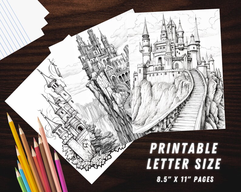 Puede incluir: Tres p&aacute;ginas para colorear imprimibles con ilustraciones detalladas en blanco y negro de castillos de fantas&iacute;a en acantilados. Cada p&aacute;gina mide 8,5 pulgadas por 11 pulgadas.