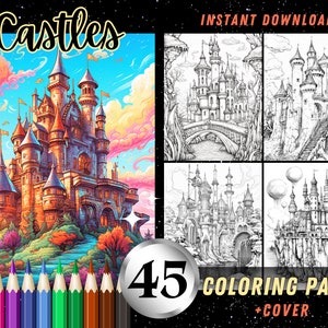 Puede incluir: Una descarga digital de 45 p&aacute;ginas para colorear con ilustraciones intrincadas de castillos. La imagen de portada muestra un castillo colorido con un cielo y nubes vibrantes. El texto "Castles" se muestra en una fuente de estilo retro.